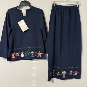 The Quacker Factory Navy Christmas Holiday Embroidered‎ Sweatshirt Skirt Set XS